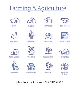 Farming & agriculture concept. Pig animal, cow barn, sheep cattle, rooster, farmer, chicken egg, windmill, greenhouse thin line icons set. Farm livestock, poultry isolated linear vector illustrations