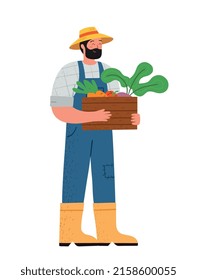 Farming and agriculture concept. Smiling male farmer or gardener in uniform holds basket of ripe vegetables and fruits. Work and harvest. Cartoon flat vector illustration isolated on white background