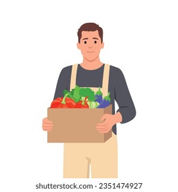 El concepto de agricultura y agricultura. Granjero o jardinero sonriente con uniforme sostiene una canasta de verduras y frutas maduras. Trabajo y cosecha. Ilustración vectorial plana aislada en fondo blanco