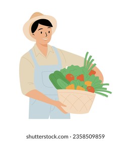 Farming and agriculture concept. Smiling male farmer or gardener in uniform holds basket of ripe vegetables and fruits. Work and harvest. Cartoon flat vector illustration isolated on white background