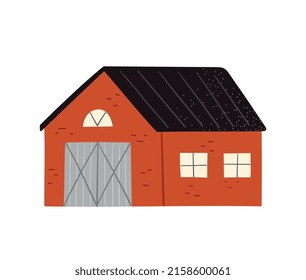 El concepto de agricultura y agricultura. Pegatina con granero para animales de granja o casa de pueblo. Hermoso cobertizo de jardín o casa. Diseño para afiches. Dibujo vectorial plano de dibujos animados aislado en fondo blanco