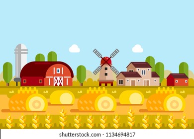 Farming and agriculture concept. Vector flat illustration of wheat fields, mill, village houses. Rural farmland landscape background.