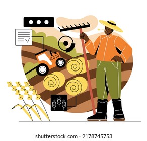 Farming and agriculture concept. Young male farmer harvests wheat or grain. Character with rake collects stacks of hay or straw. Tractor in hayloft. Cartoon flat vector illustration in doodle style