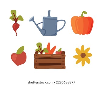 Farming and Agriculture with Crate, Watering Can, Beetroot and Pumpkin Vector Set