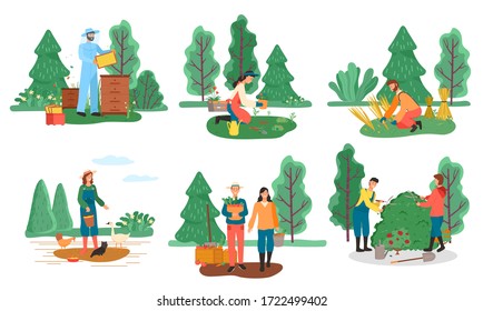 Farming and agriculture, farmers and beekeeping, planting and harvest vector. Home poultry, men and women, honey production and vegetables. Hay stacks and feeding birds, bushes cutting illustration