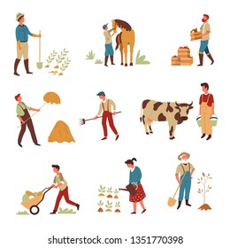 Farming and agriculture farmers and livestock crop planting and harvest vector man and woman spade horse and apple boxes hay stack forks and cow milk vegetables and trees gardening and cultivation