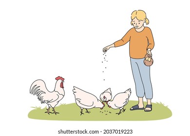 Farming, agriculture, feeding animals concept. Smiling girl cartoon character standing and feeding chicken hens with seeds from hand on grass vector illustration 