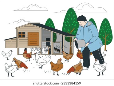 Farming, agriculture, feeding animals concept. Boy cartoon character standing and feeding chicken hens with seeds from hand on grass vector illustration. Bearded young male farmer feeding grains. 2031