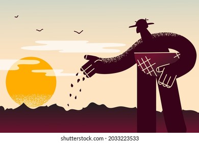 Farming, agriculture and growing concept. Silhouette of man farmer standing putting seeds into ground for growing plants vegetables fruits on sunset or sunrise vector illustration 