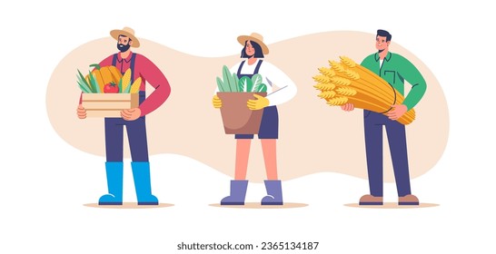 Farming and agriculture, harvesting. Characters dressed In work clothes with fresh vegetables, wheat. Agriculture farm workers. Vector illustration for mobile and web graphics.