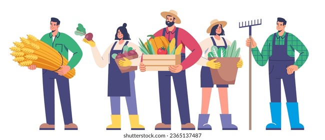 Farming and agriculture, harvesting. Characters dressed In work clothes with fresh vegetables and tools. Agriculture farm workers. Vector illustration for mobile and web graphics.