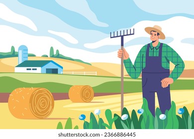 Farming and agriculture, harvesting. Farmer with rakes on the farmland landscape background during harvesting. Farm worker with dry hay bales. Vector illustration for mobile and web graphics.