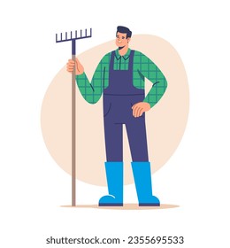 Farming and agriculture, harvesting. Male farmer in uniform holds rake in hand. Agriculture farm worker. Vector illustration for mobile and web graphics.