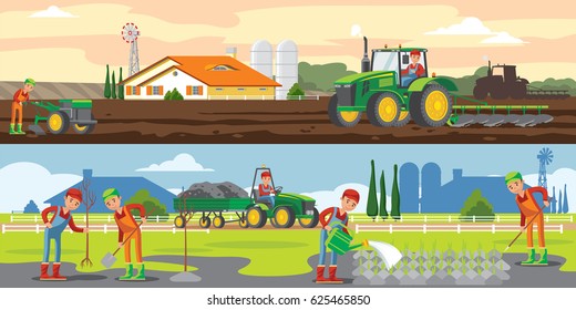 Farming and agriculture horizontal banners with farmers agricultural works vehicles and equipment vector illustration