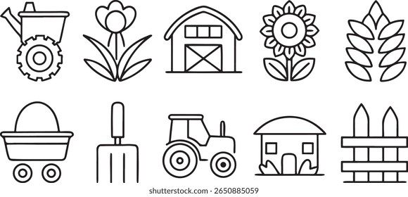 Farming and agriculture icon collection, includes tractor, wheat, barn, crop, irrigation, shovel, plant, animal, minimal black line editable illustration