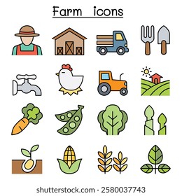 Farming and Agriculture icon set in color line style