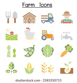 Farming and Agriculture icon set  in flat color style