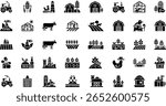 Farming, agriculture icon set. Vector glyph pictograms of tractor, barn, greenhouse, livestock, wheat, crop cultivation, livestock, and sustainable farm black