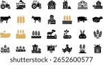 Farming, agriculture icon set. Vector glyph pictograms of tractor, barn, greenhouse, livestock, wheat, crop cultivation, livestock, and sustainable farm black