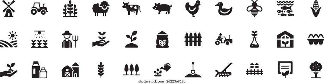 Agricultura, conjunto de ícones da agricultura. Pictogramas de glifo vetorial de trator, celeiro, estufa, gado, trigo, cultivo agrícola, gado e exploração sustentável silhueta preta ilustração. 