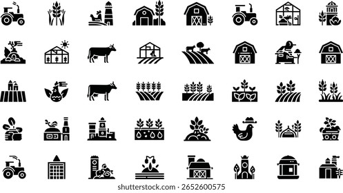 Agricultura, conjunto de ícones da agricultura. Pictogramas de glifo vetorial de trator, celeiro, estufa, gado, trigo, cultura vegetal, gado e fazenda sustentável preta