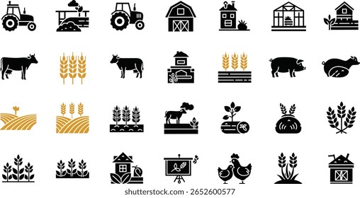 Agricultura, conjunto de ícones da agricultura. Pictogramas de glifo vetorial de trator, celeiro, estufa, gado, trigo, cultura vegetal, gado e fazenda sustentável preta
