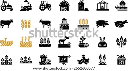 Farming, agriculture icon set. Vector glyph pictograms of tractor, barn, greenhouse, livestock, wheat, crop cultivation, livestock, and sustainable farm black