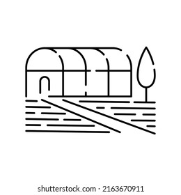 Farming and Agriculture icon thin line style. Global farming and harvest. Village. Greenhouse