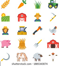 Farming or agriculture icons carrot tractor haystack axe sickle hen rooster barn house cow sheep goat scarecrow pig farmer farm field wheat heavy machine vehicle grass