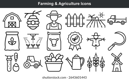 Farming Agriculture Icons Set Black Line Art vector