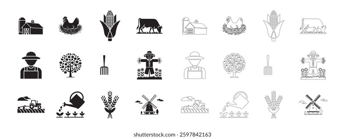 Farming and Agriculture Icons Set. Editable minimalist and outline vector icons. Perfect for web and app interfaces, presentations, info graphics, etc. In black color on a white background.
