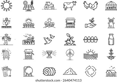 Farming and agriculture icons set: vector illustration of farm, crops, animals, and sustainable resources for web and print. line art style, editable and scalable.