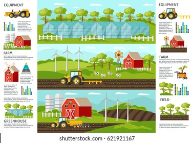 Farming and agriculture infographic horizontal banners with vehicles equipment harvesting greenhouse and agricultural elements vector illustration