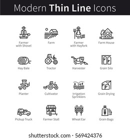 Farming and agriculture life concept. Harvester trucks, tractors, farmers and village farm buildings. Thin black line art icons. Linear style illustrations isolated on white.