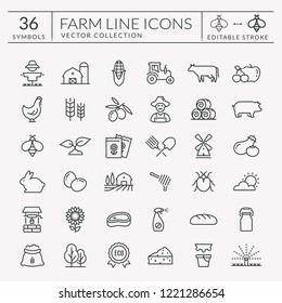 Farming and agriculture line icon set. Vector isolated farm and countryside outline symbols: cereal crop, fruit, vegetables, dairy products, fresh meal, animals, plants, equipment. Editable stroke.