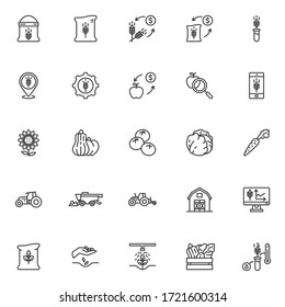 Farming and agriculture line icons set. linear style symbols collection, outline signs pack. vector graphics. Set includes icons as vegetable harvesting, field cultivation tractor, harvester machine