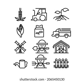 farming and agriculture line icons set,Contains Harvester trucks, tractors, farmers, village, farm buildings, shovel, crop, sprout.