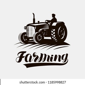 Farming, agriculture logo or label. American retro farm tractor icon. Vector illustration