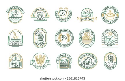 Farming and agriculture logos, labels, icons. A set of 15 farming logotypes. Harvest, Farm, Chicken, Soil. For agricultural business, organic farms, food production industries. Vector illustration