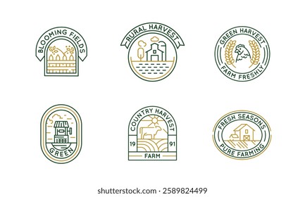Farming and agriculture logos, labels, icons. A set of 6 farming logotypes. Harvest, Farm, Chicken, Soil. For agricultural business, organic farms, food production industries. Vector illustration