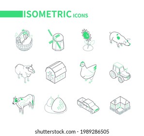 Farming and agriculture - modern isometric icons set on white background. Farm animals, suburban buildings collection. Crop, windmill, sunflower, pig, barn, rooster, sheep, tractor, cow, house images