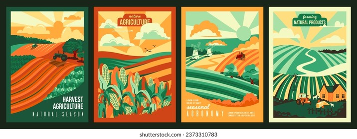 Farming, Agriculture and nature concept. Agricultural fields, farms. Tractor plowing the field and harvesting the crop. Set of vector illustrations for poster, background or book cover