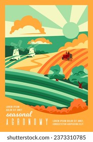 Farming, Agriculture and nature concept. Landscape with agricultural fields and forest and mills. Tractor plowing the field. Vector illustration for poster, background or book cover