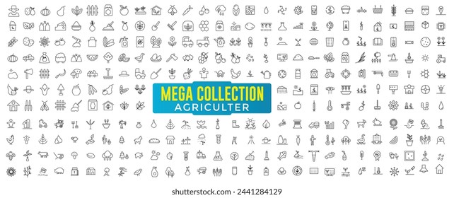 Farming and Agriculture Outlined Vector Icon Megapack Collection. Garden Outlined Vector Icon Set. Big collection of agriculture icon vector.