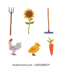 Farming and Agriculture with Pitchfork, Sunflower, Rake, Hen, Chick and Carrot Vector Set