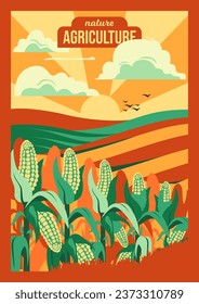 Farming and Agriculture poster with a cornfield landscape. Vector illustration for poster, background or book cover