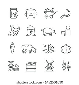 Farming and agriculture related icons: thin vector icon set, black and white kit