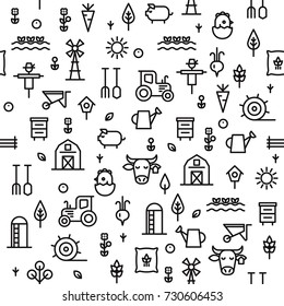 Farming and agriculture seamless pattern.
For package, paper, decoration. Harvester, tractor, farm buildings, farming equipment, animals and plants