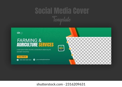 Farming and agriculture services for social media cover or post design template, modern lawn mower, Organic gardening, or landscaping with green gradient background and abstract yellow color shape