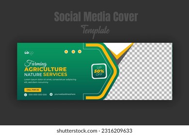 Farming and agriculture services for social media cover or post design template, modern lawn mower, Organic gardening, or landscaping with green gradient background and abstract yellow color shape